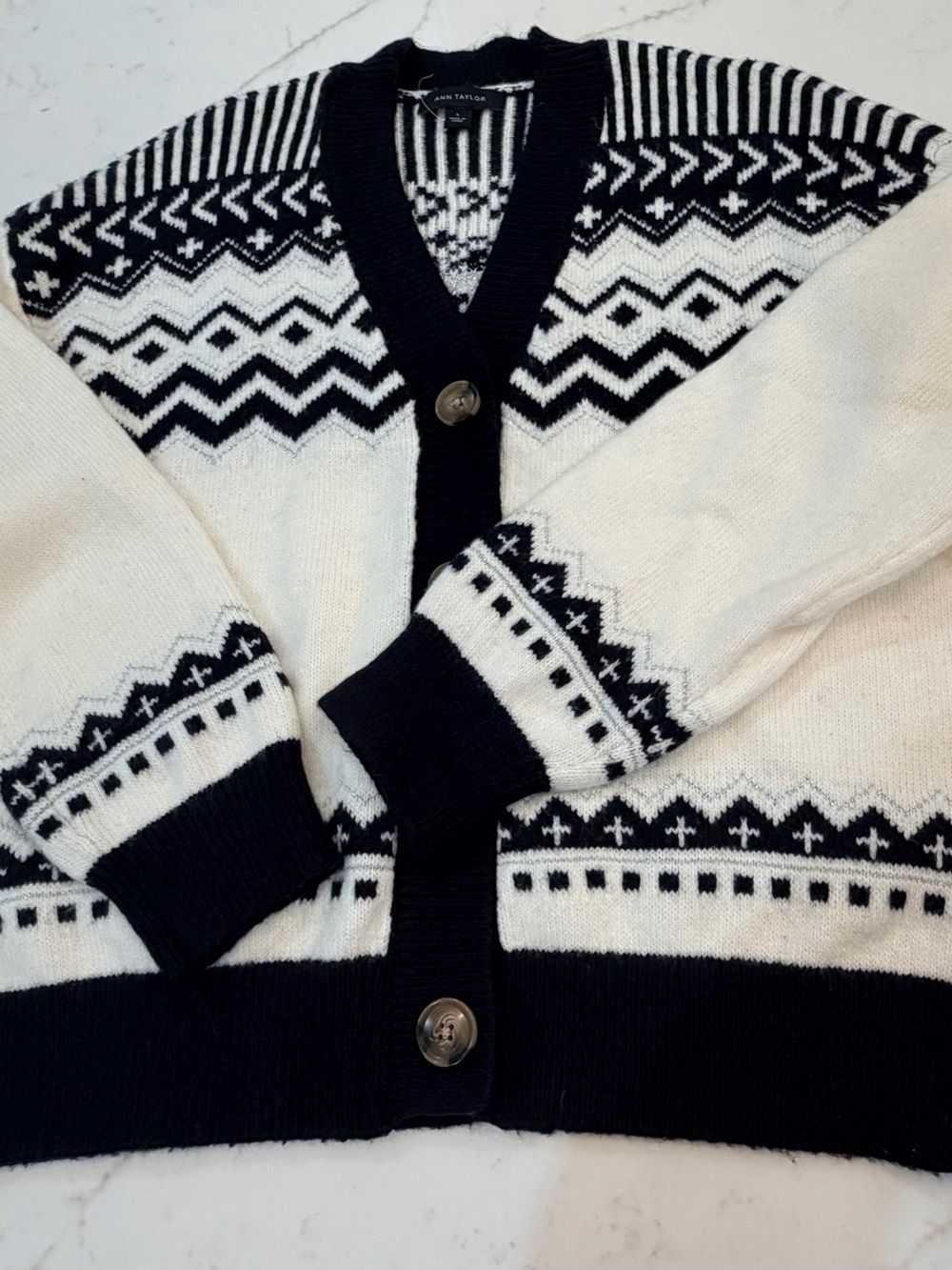 Ann Taylor Black & White Women’s Fair Isle Button-Front Sweater (Size L) - Picture 2 of 9